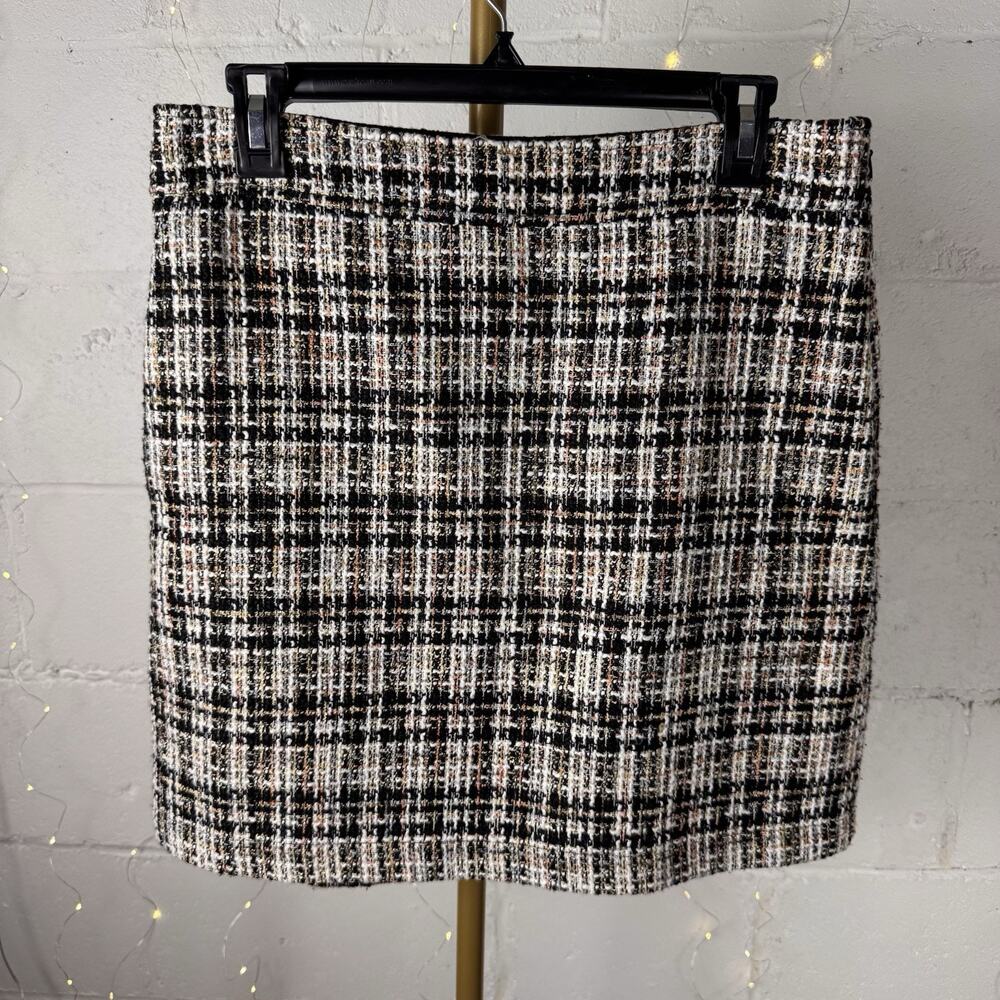 loft women’s size 6 plaid tweed boucle mini skirt black white multicolor